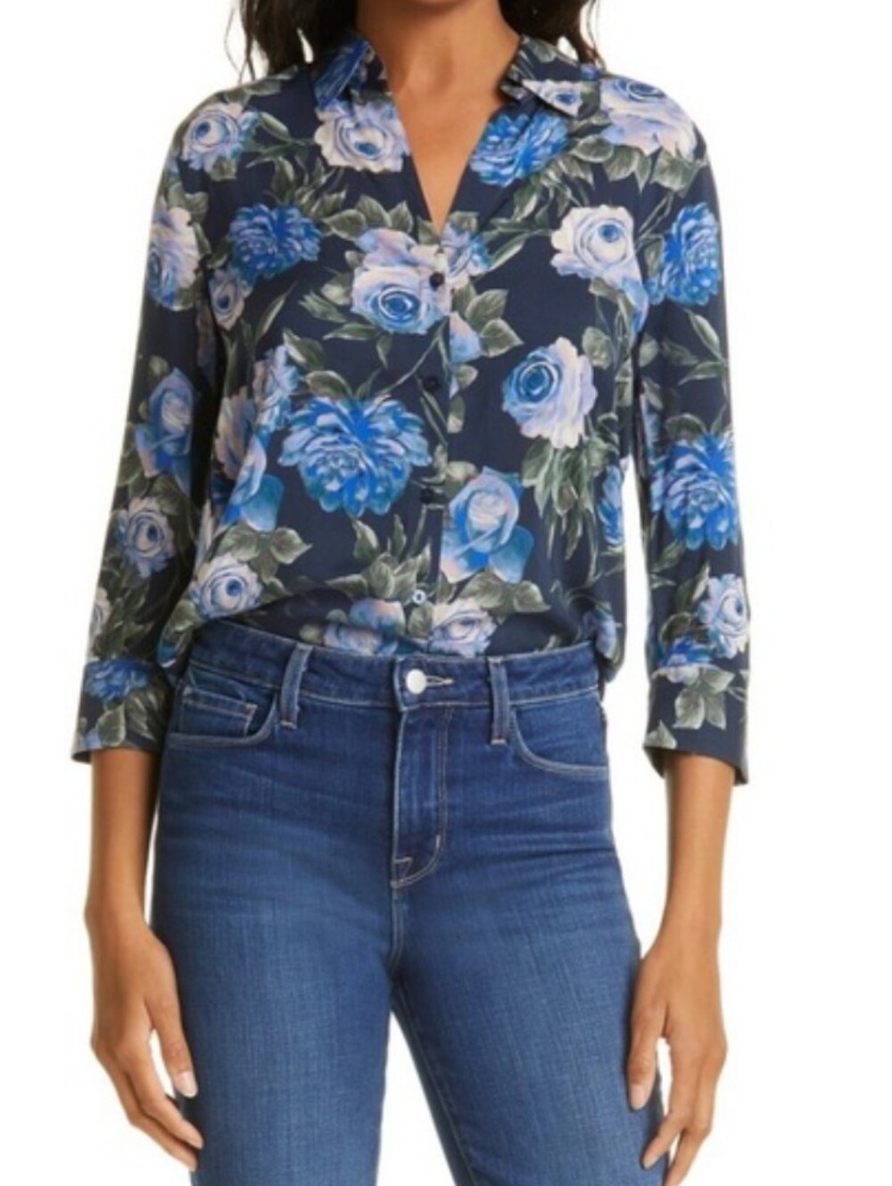 L'Agence Camille Floral Hi-Low Blouse 3/4 Sleeve Collar V Neck Blue Roses M - Picture 9 of 11